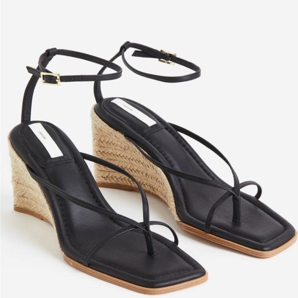 H&M Black Leather Espadrille Wedge Sandals Sz 10/41 Strappy NWT